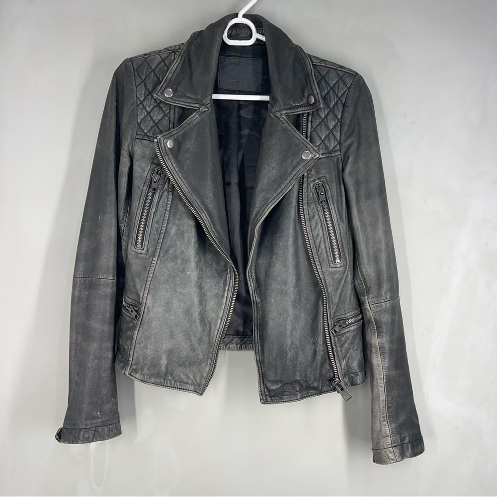 All Saints Black Leather Biker Jacket US 2 - Picture 5 of 14